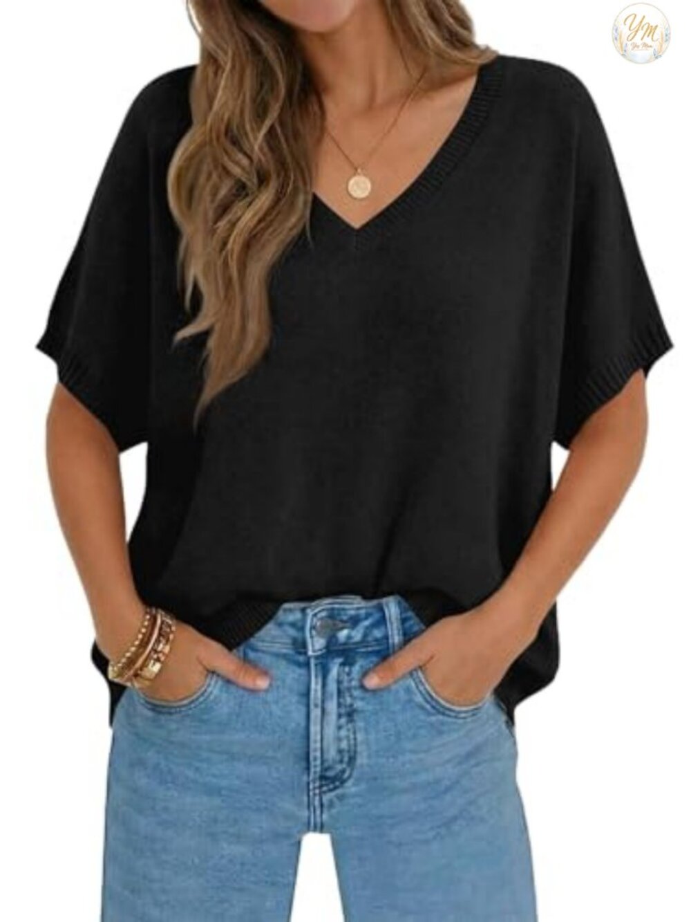 Oversized Batwing Short Sleeve V Neck Lightweight Knit Pullover Sweater